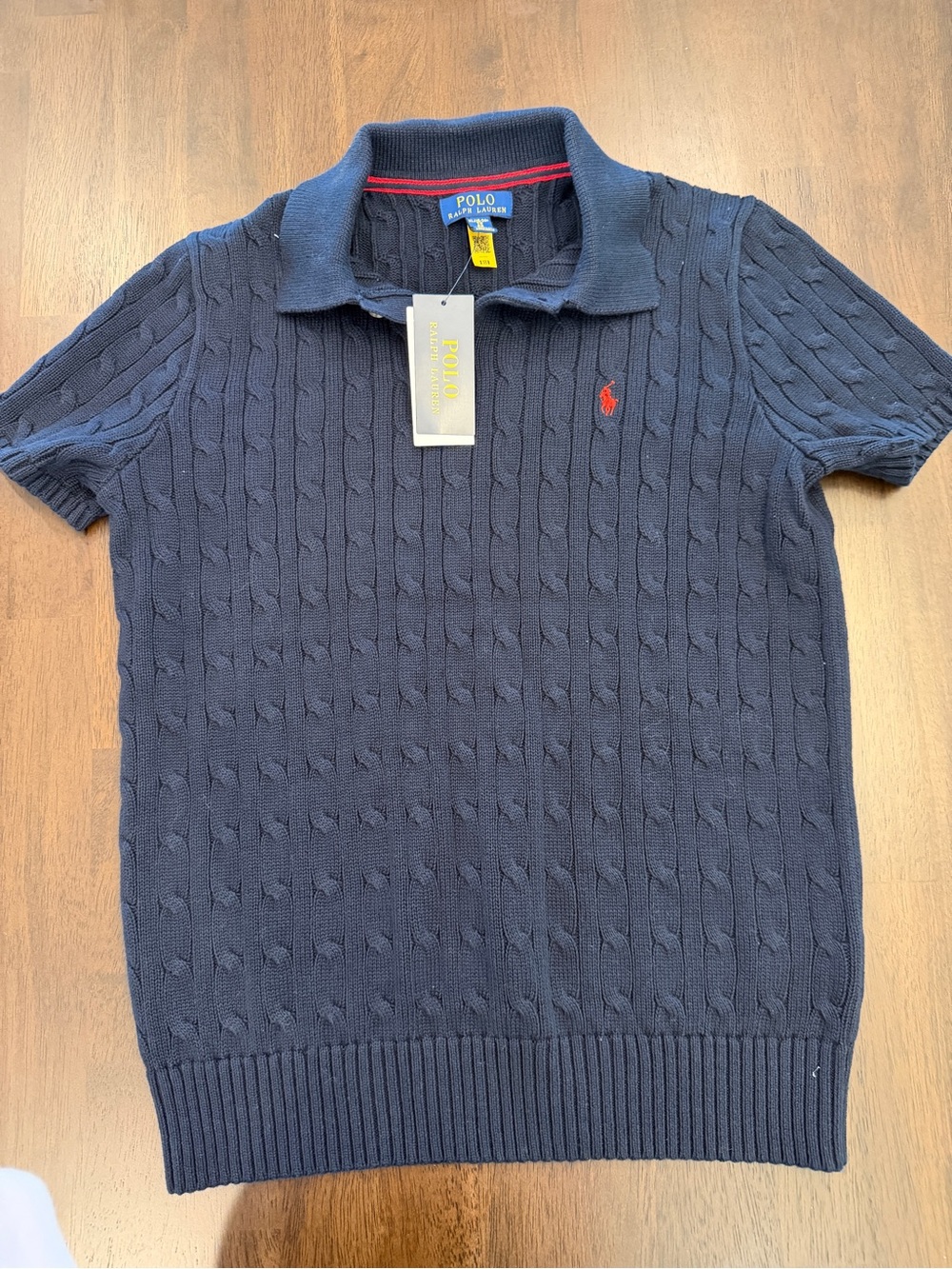 Ralph Lauren Navy Cable-Knit Polo with Red Pony